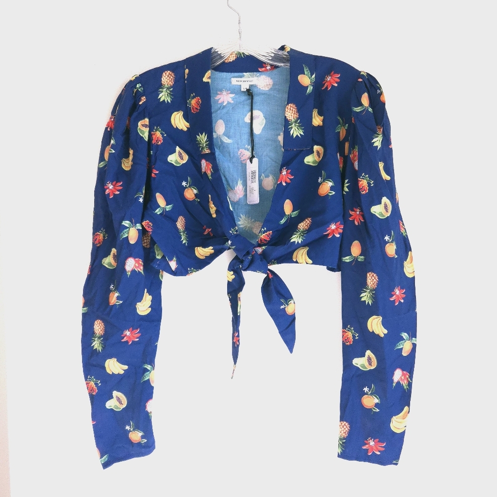 Weworewhat Blue Fruit Print Tie Front Crop Long Sleeve Top